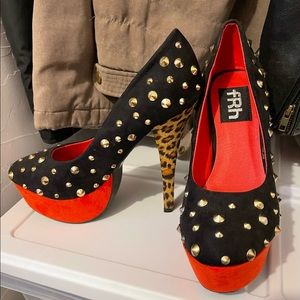 FRH women’s size 8 platform heels, Never worn, cheetah, red/black with studs.